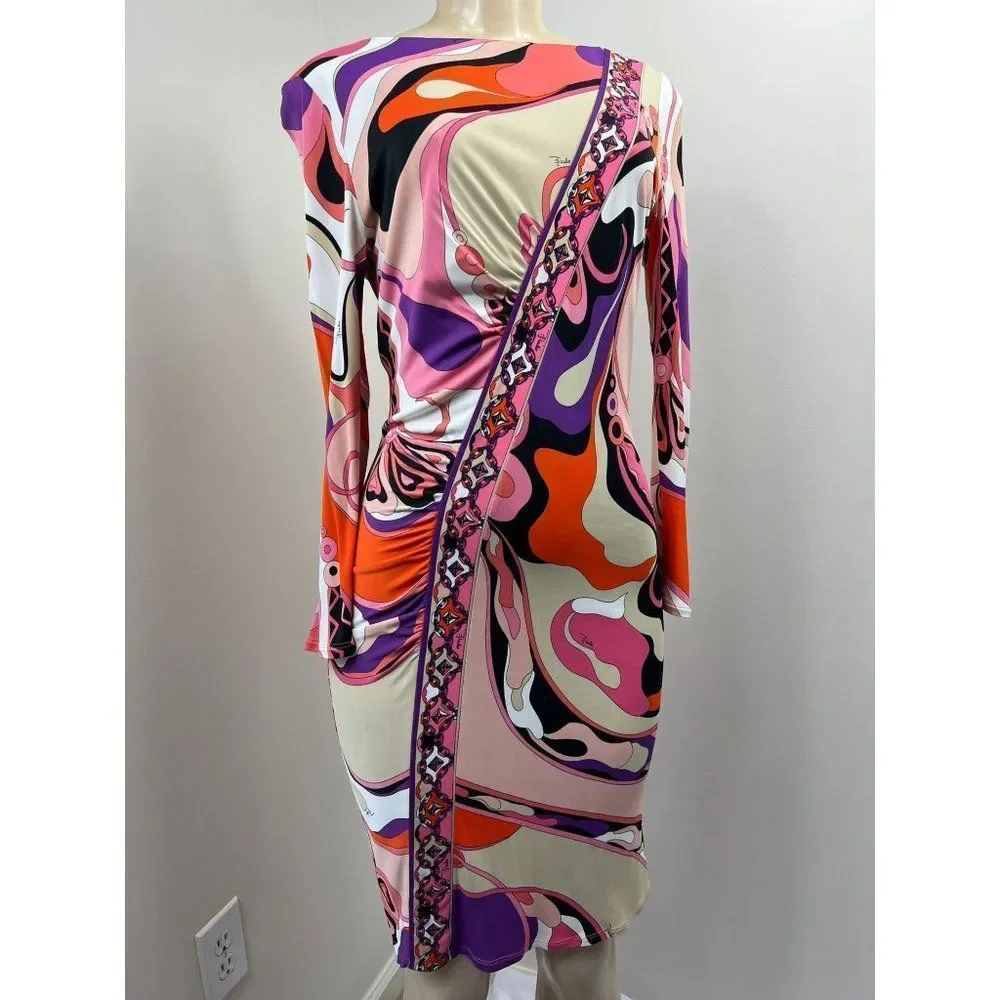 EMILIO PUCCI Pink Abstract Print Long Sleeve Knee Length Jersey Dress Size 10 - Picture 3 of 10